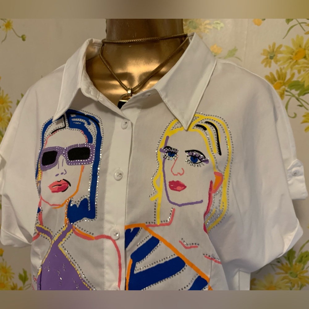 NWT Fashion girls print button up short sleeve shirt size L